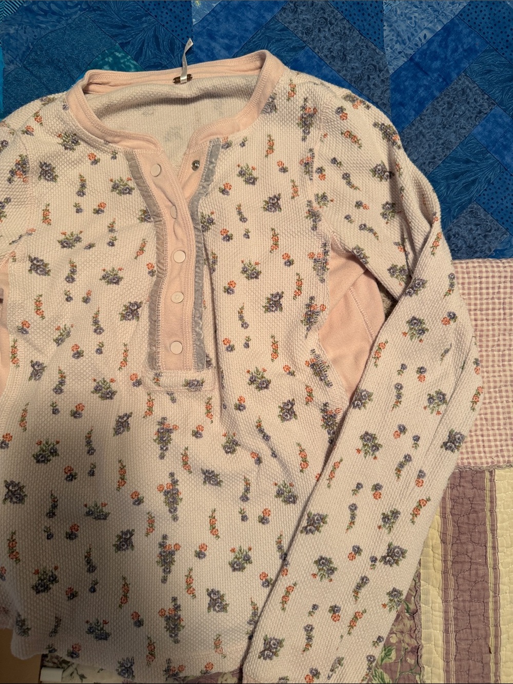 Free People Pink Floral Waffle Long Sleeve Henley